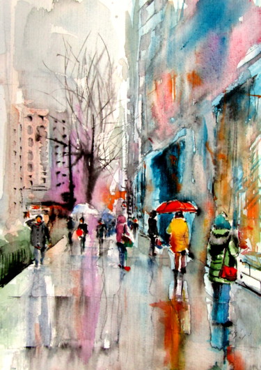 Painting titled "Rainy streets II" by Anna Brigitta Kovacs (KAB), Original Artwork, Watercolor