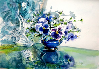 Still life with pansy flowers Peinture intitulée "Still life with pan…" par Anna Brigitta Kovacs (KAB), Œuvre d'art originale, Aquarelle