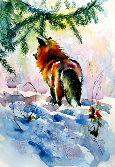 Pintura titulada "Red fox watching wi…" por Anna Brigitta Kovacs (KAB), Obra de arte original, Acuarela
