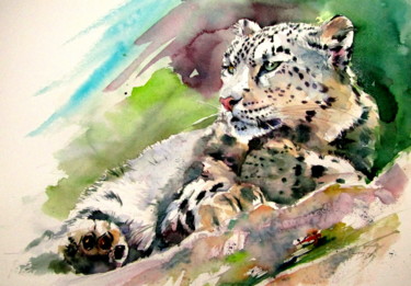Painting titled "Snow leopard" by Anna Brigitta Kovacs (KAB), Original Artwork, Watercolor