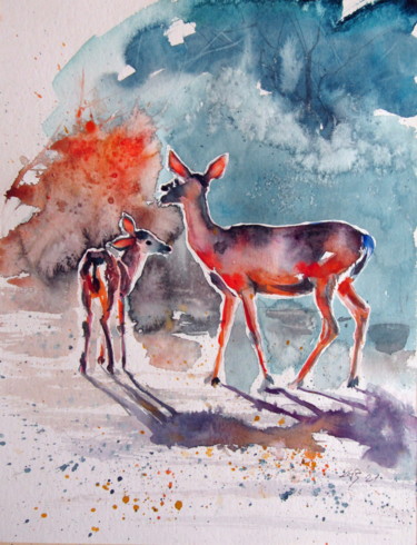 Painting titled "Deer in the sun" by Anna Brigitta Kovacs (KAB), Original Artwork, Watercolor