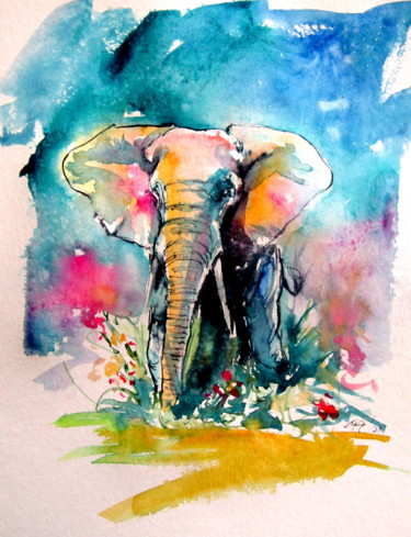 Peinture intitulée "Colorful elephant w…" par Anna Brigitta Kovacs (KAB), Œuvre d'art originale, Aquarelle