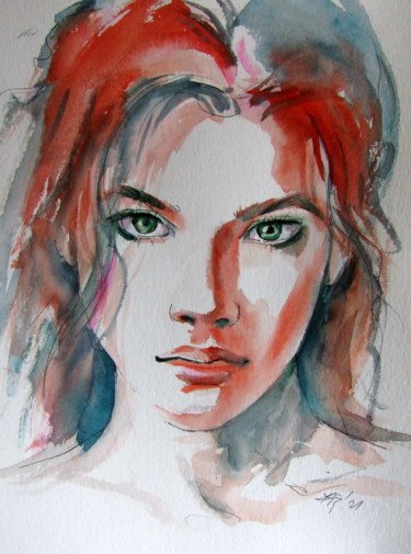 Картина под названием "Portrait of a girl" - Anna Brigitta Kovacs (KAB), Подлинное произведение искусства, Акварель