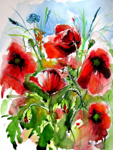 Malerei mit dem Titel "Red poppies II" von Anna Brigitta Kovacs (KAB), Original-Kunstwerk, Aquarell