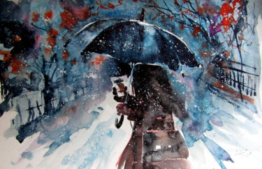 「Wintertime with cof…」というタイトルの絵画 Anna Brigitta Kovacs (KAB)によって, オリジナルのアートワーク, 水彩画