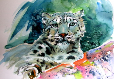 Peinture intitulée "Snow leopard II" par Anna Brigitta Kovacs (KAB), Œuvre d'art originale, Aquarelle