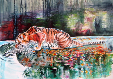 Malerei mit dem Titel "Drinking tiger" von Anna Brigitta Kovacs (KAB), Original-Kunstwerk, Aquarell