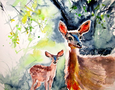 Painting titled "Deer in the sun II" by Anna Brigitta Kovacs (KAB), Original Artwork, Watercolor