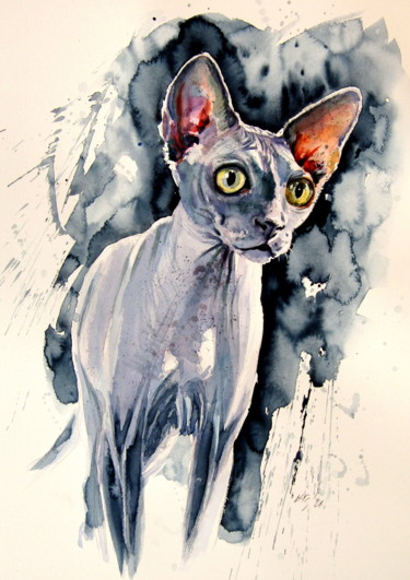 Pittura intitolato "Sphynx cat" da Anna Brigitta Kovacs (KAB), Opera d'arte originale, Acquarello