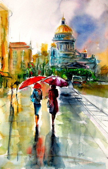 Peinture intitulée "Rainy day with umbr…" par Anna Brigitta Kovacs (KAB), Œuvre d'art originale, Aquarelle