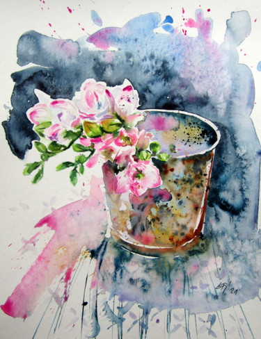 Pittura intitolato "Pink orchidea" da Anna Brigitta Kovacs (KAB), Opera d'arte originale, Acquarello