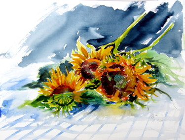 Malerei mit dem Titel "Sunflowers on the t…" von Anna Brigitta Kovacs (KAB), Original-Kunstwerk, Aquarell