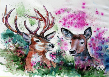 Картина под названием "Deer watching" - Anna Brigitta Kovacs (KAB), Подлинное произведение искусства, Акварель