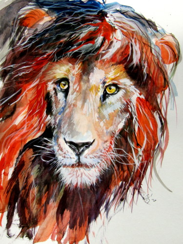 Malerei mit dem Titel "Lion portrait" von Anna Brigitta Kovacs (KAB), Original-Kunstwerk, Aquarell