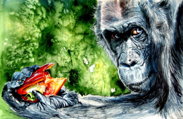 Pintura intitulada "Chimpanzee eating" por Anna Brigitta Kovacs (KAB), Obras de arte originais, Aquarela