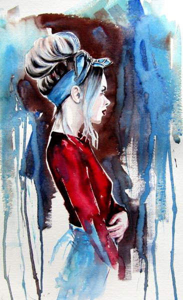Peinture intitulée "Girl in red" par Anna Brigitta Kovacs (KAB), Œuvre d'art originale, Aquarelle