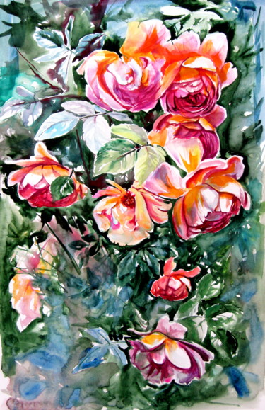 Painting titled "Roses in the garden" by Anna Brigitta Kovacs (KAB), Original Artwork, Watercolor