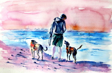 Painting titled "Walk with dogs on t…" by Anna Brigitta Kovacs (KAB), Original Artwork, Watercolor