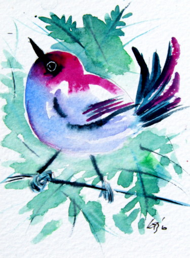 Картина под названием "Cute bird - mini ar…" - Anna Brigitta Kovacs (KAB), Подлинное произведение искусства, Акварель