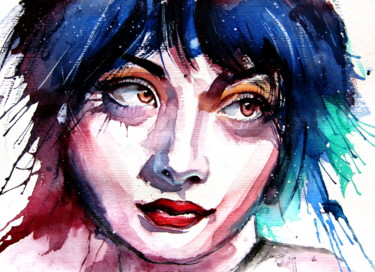 Painting titled "Girl with brown eyes" by Anna Brigitta Kovacs (KAB), Original Artwork, Watercolor