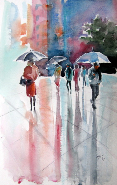 Painting titled "Rainy day with umbr…" by Anna Brigitta Kovacs (KAB), Original Artwork, Watercolor