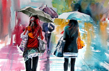 Painting titled "Rainy day with umbr…" by Anna Brigitta Kovacs (KAB), Original Artwork, Watercolor