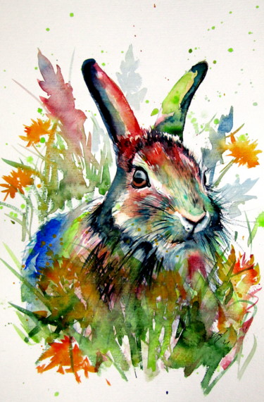 Painting titled "Rabbit in the grass" by Anna Brigitta Kovacs (KAB), Original Artwork, Watercolor