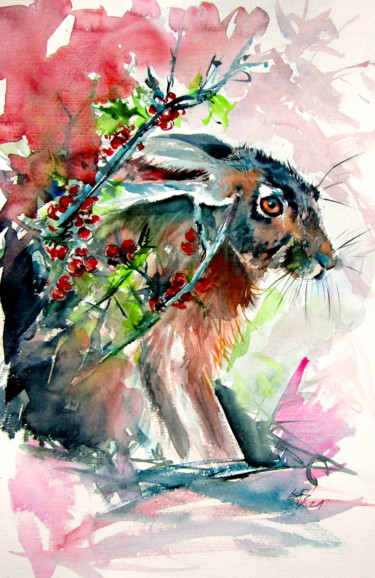 Картина под названием "Rabbit in the grass…" - Anna Brigitta Kovacs (KAB), Подлинное произведение искусства, Акварель