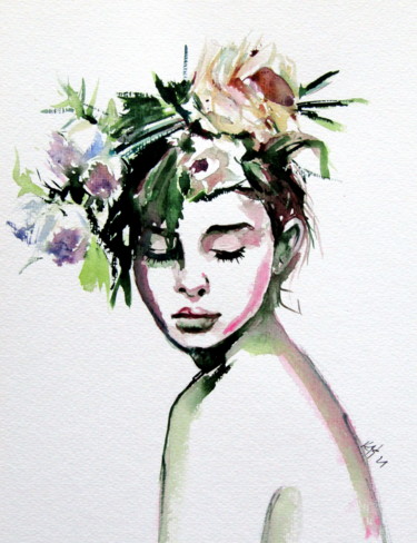 Painting titled "Beauty with flowers" by Anna Brigitta Kovacs (KAB), Original Artwork, Watercolor