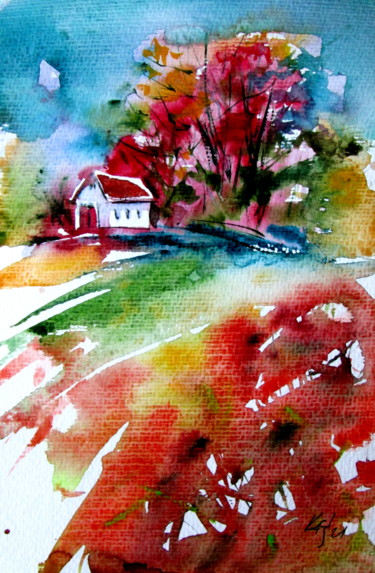 绘画 标题为“House alone at fall” 由Anna Brigitta Kovacs (KAB), 原创艺术品, 水彩