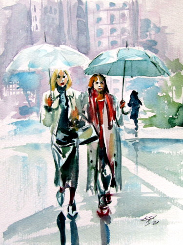 Peinture intitulée "Rainy day in the ci…" par Anna Brigitta Kovacs (KAB), Œuvre d'art originale, Aquarelle