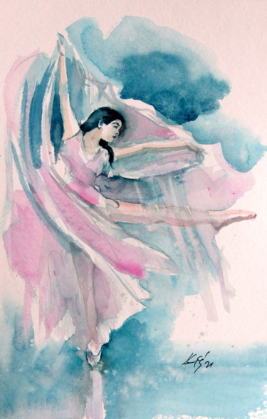 Painting titled "Ballerina in pink II" by Anna Brigitta Kovacs (KAB), Original Artwork, Watercolor