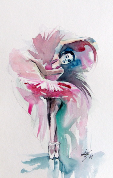 Ζωγραφική με τίτλο "Ballerina in pink" από Anna Brigitta Kovacs (KAB), Αυθεντικά έργα τέχνης, Ακουαρέλα