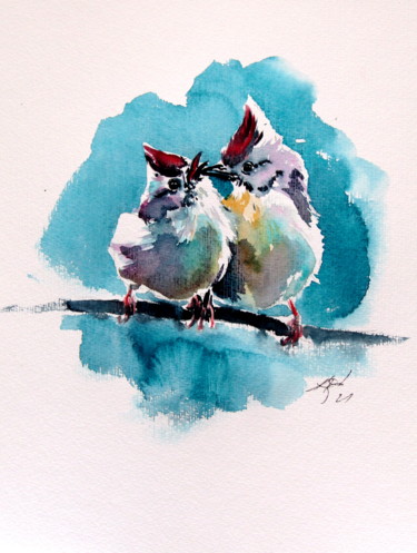 Painting titled "Cute birds" by Anna Brigitta Kovacs (KAB), Original Artwork, Watercolor