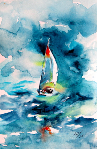 Malarstwo zatytułowany „Sailboat on water” autorstwa Anna Brigitta Kovacs (KAB), Oryginalna praca, Akwarela
