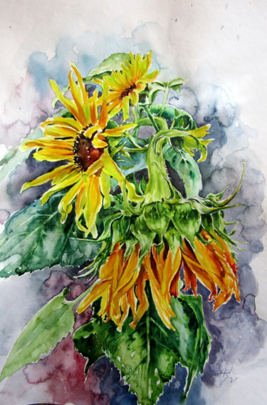 Картина под названием "Sunflowers in the g…" - Anna Brigitta Kovacs (KAB), Подлинное произведение искусства, Акварель