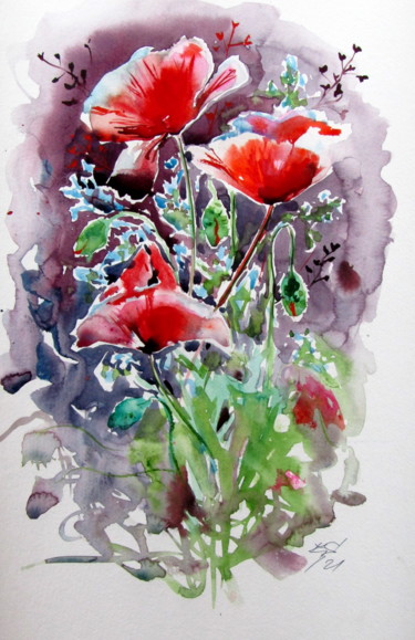 Pittura intitolato "Beautiful red poppi…" da Anna Brigitta Kovacs (KAB), Opera d'arte originale, Acquarello