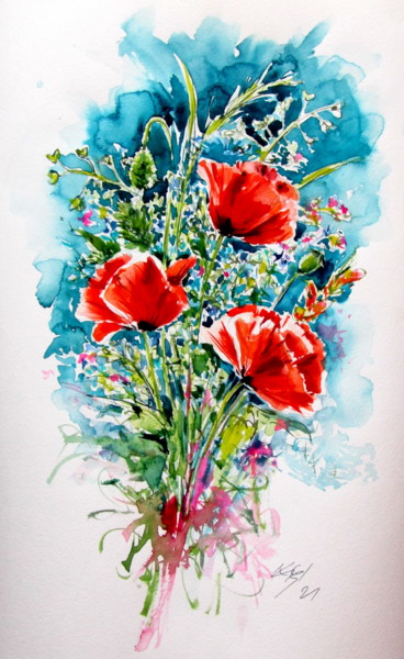 "Beautiful red poppi…" başlıklı Tablo Anna Brigitta Kovacs (KAB) tarafından, Orijinal sanat, Suluboya