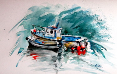 Ζωγραφική με τίτλο "Shore with boats" από Anna Brigitta Kovacs (KAB), Αυθεντικά έργα τέχνης, Ακουαρέλα