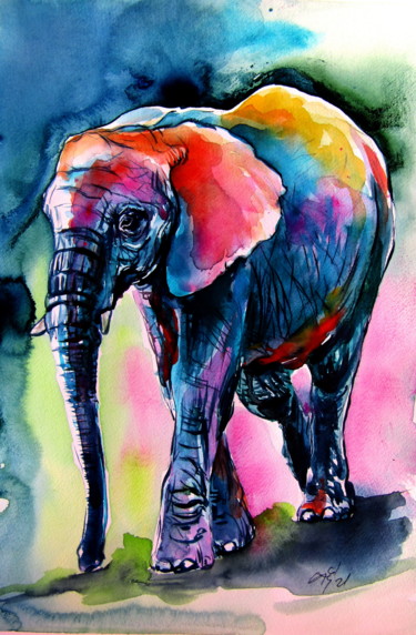 Painting titled "Elephant at night" by Anna Brigitta Kovacs (KAB), Original Artwork, Watercolor