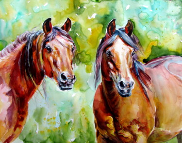 Peinture intitulée "Horse friendship" par Anna Brigitta Kovacs (KAB), Œuvre d'art originale, Aquarelle