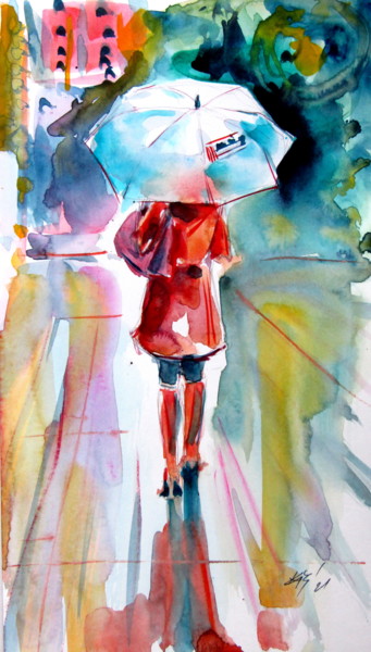 Schilderij getiteld "Girl with umbrella" door Anna Brigitta Kovacs (KAB), Origineel Kunstwerk, Aquarel