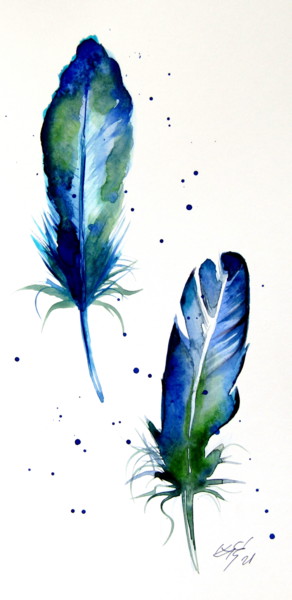 Malerei mit dem Titel "Colorful feathers II" von Anna Brigitta Kovacs (KAB), Original-Kunstwerk, Aquarell