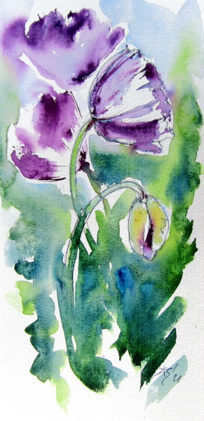 Painting titled "Purple poppies" by Anna Brigitta Kovacs (KAB), Original Artwork, Watercolor