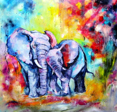 Картина под названием "Elephant with baby" - Anna Brigitta Kovacs (KAB), Подлинное произведение искусства, Масло