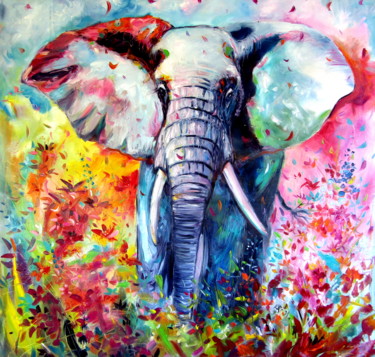 Pintura intitulada "Majestic elephant w…" por Anna Brigitta Kovacs (KAB), Obras de arte originais, Óleo