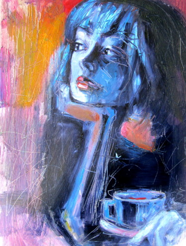 Peinture intitulée "Girl with coffee" par Anna Brigitta Kovacs (KAB), Œuvre d'art originale, Huile