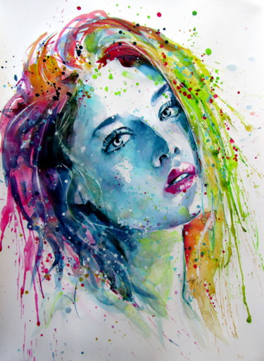 Картина под названием "Charming girl VII" - Anna Brigitta Kovacs (KAB), Подлинное произведение искусства, Акварель