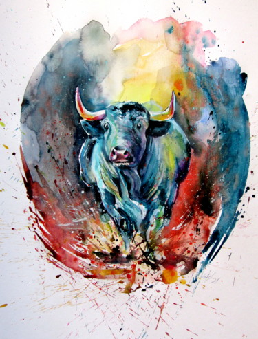 Schilderij getiteld "Running bull" door Anna Brigitta Kovacs (KAB), Origineel Kunstwerk, Aquarel