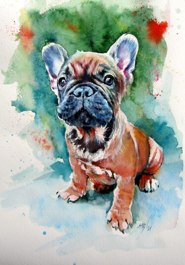 Painting titled "French buldog puppy" by Anna Brigitta Kovacs (KAB), Original Artwork, Watercolor